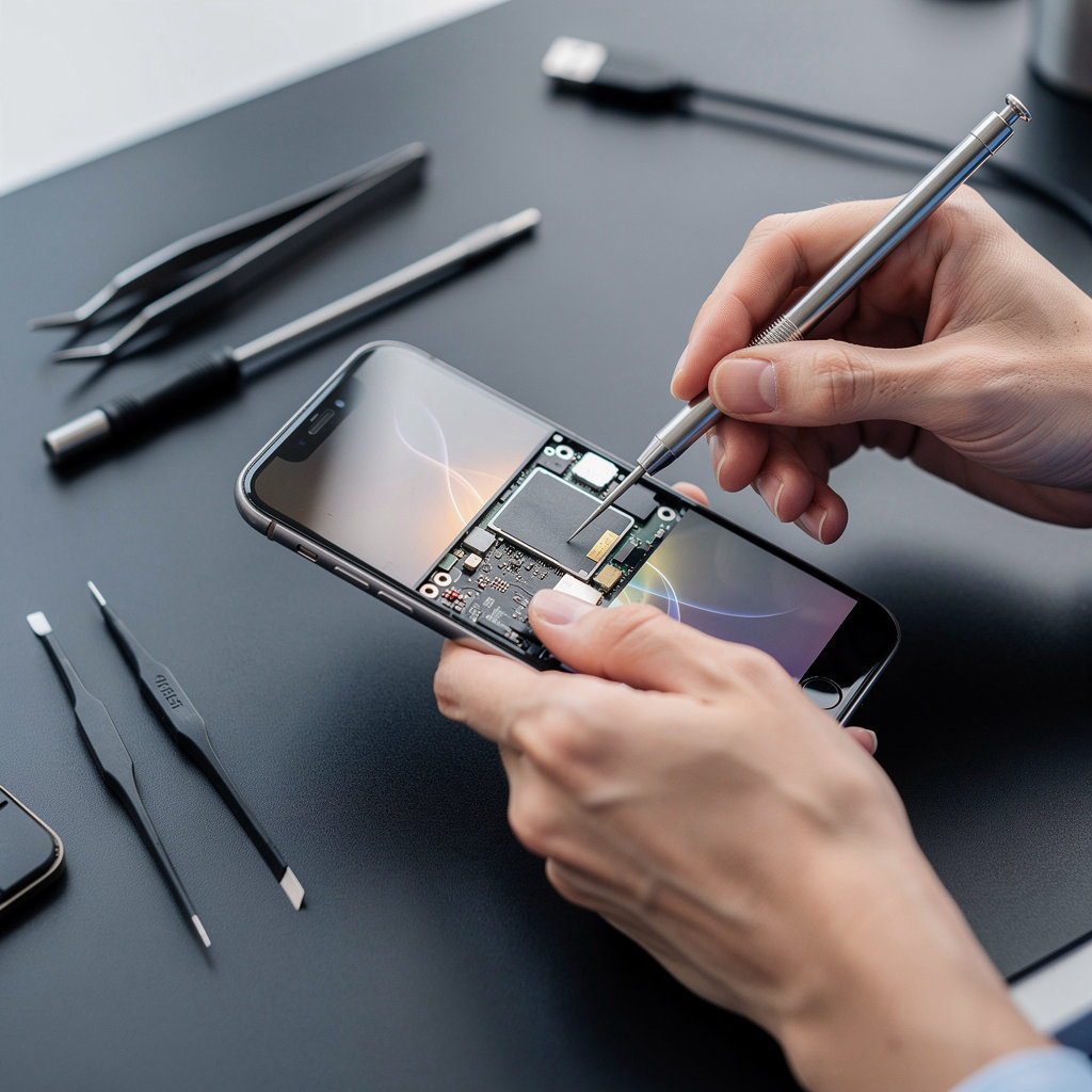 MOBILECOM technician performing expert software repair and diagnostics on a mobile device in La Mesa